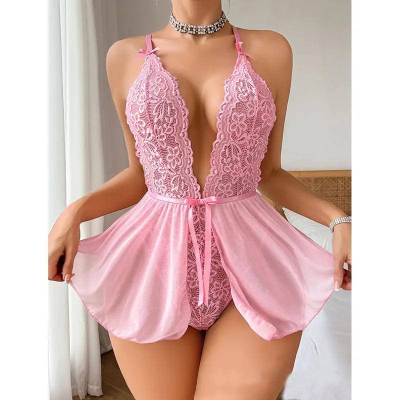 Sensual Lace Hollow Bodysuit  Sexy Crotchless Lingerie Thong Women Erotic Pajamas Teddy Babydoll Dress Deep V Open Bra Porn Set