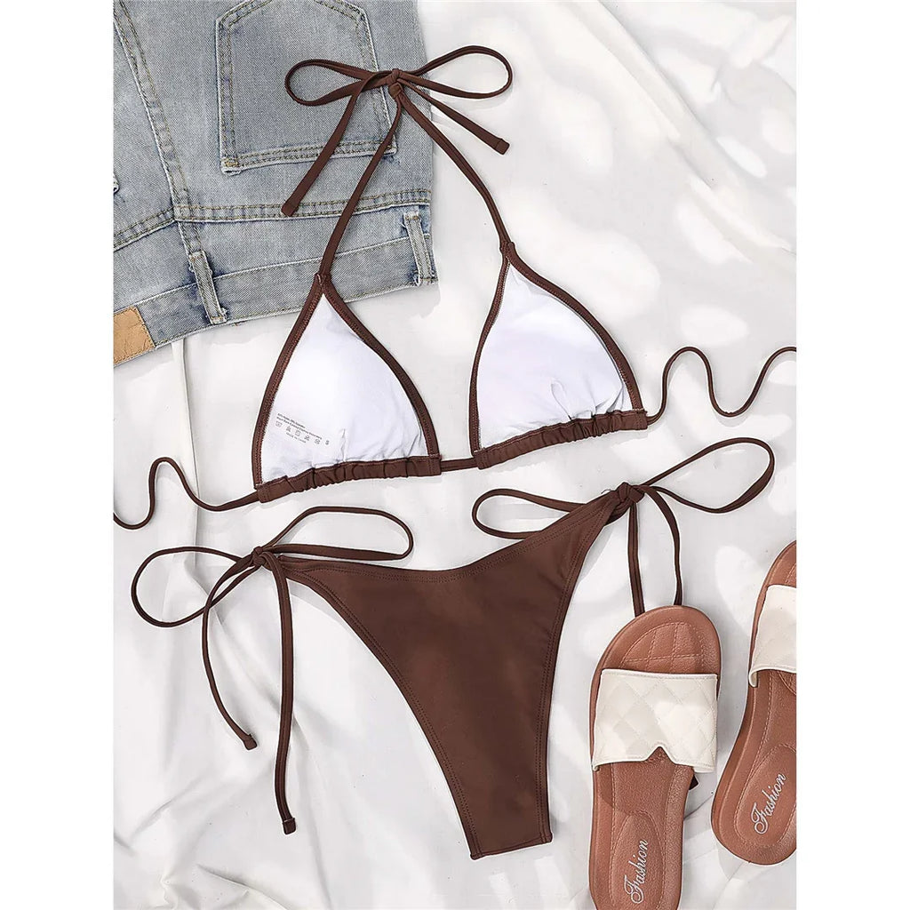 7 Colors Brazilian Halter Bikini Female Swimsuit Women Swimwear Two-Pieces Bikini Set Padded Bather Bathing Suit Swim V3536A