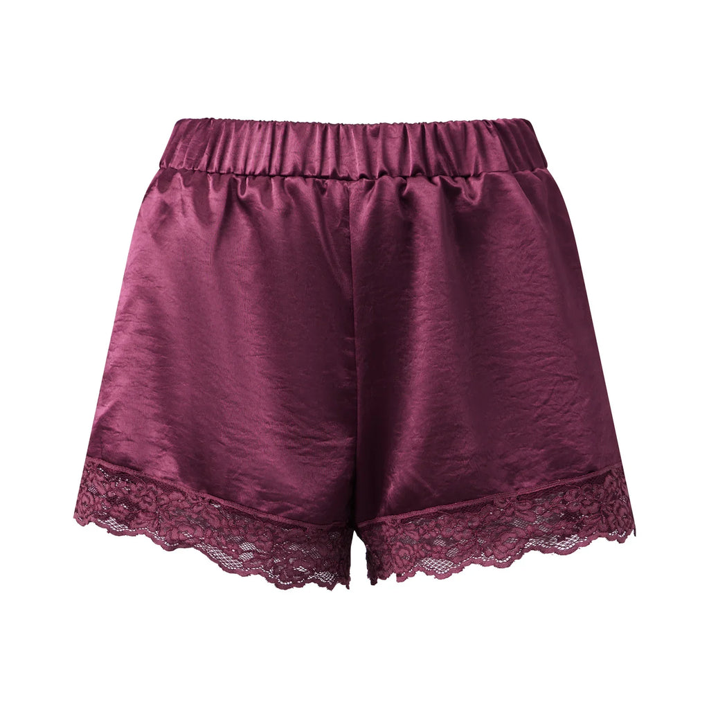 Women Casual Loose Summer Shorts Solid Color Elastic Waist Lace Trim Shorts for Daily Wear, Lounge