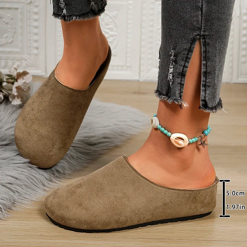 Spring Round Toe Cork Clogs Slippers for Women Outdoor Cork Footbed Flat Heels Mules Shoes Woman Plus Size Suede Slides Female