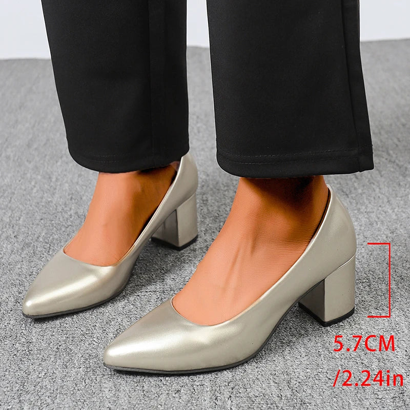 Plus Size 42 Pointed Toe Thick Heels Pumps Women Slip On Pu Leather High Heels Shoes Woman High Heeled Office Party Shoes Ladies