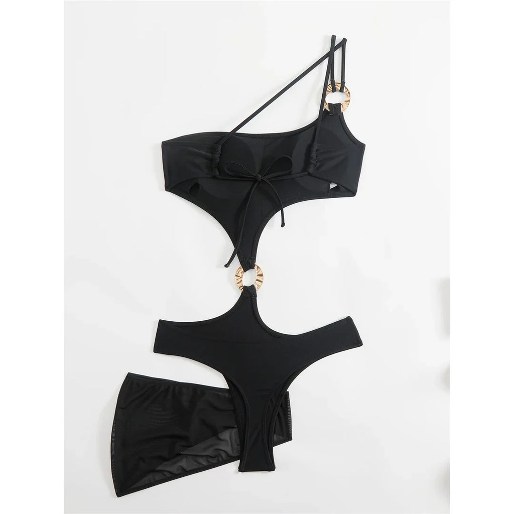 New Asymmetric One Shoulder With Skirt One Piece Swimsuit Women Swimwear Female Metal Ring Padded Bather Bathing Suit Swim K7082