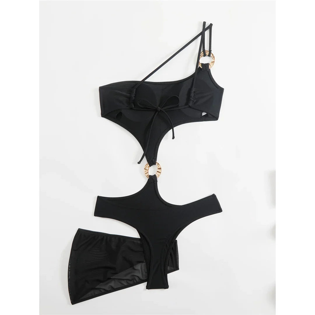 New Asymmetric One Shoulder With Skirt One Piece Swimsuit Women Swimwear Female Metal Ring Padded Bather Bathing Suit Swim K7082