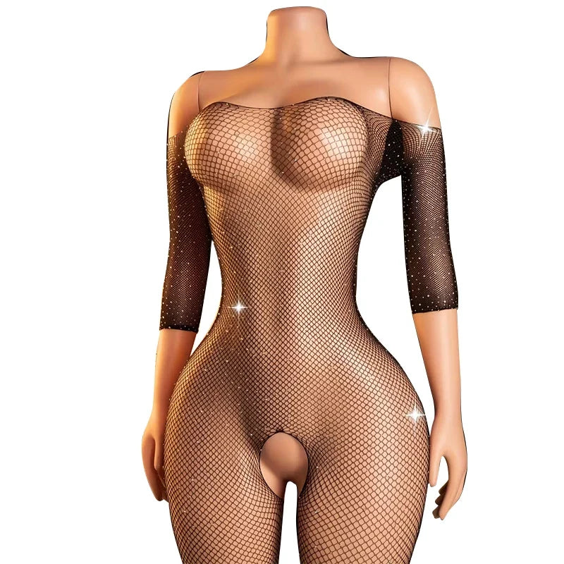 Plus Size Erotic Sexy Lingerie Bling Rhinestone Fishnet Bodysuit Transparent Sex Dress Women Mesh Tights Sexy Exotic Body Socks