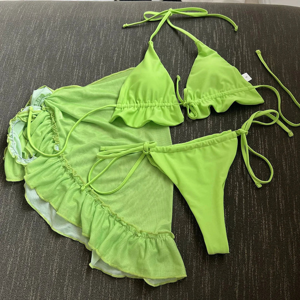 New With Sarong Halter Ruffled Bikini Women Swimwear Female Swimsuit Three-pieces Bikini Set Bather Bathing Suit Swim Lady V4144