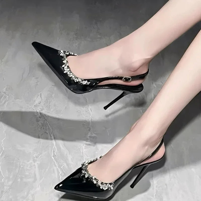Women Fashion Heels  Summer New Rhinestone Buckle Strap Luxury High Heels Women Pointe Sexy Party Slim Heel Stripper Heels