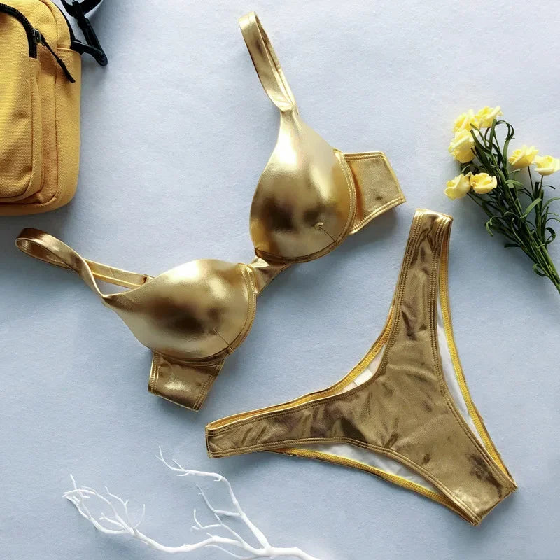 Shiny PU Faux Leather Bikini Women Swimsuit Female Swimwear Two-pieces Bikini Set Underwired Bra Cup Bikinis Bathing Suit Swim