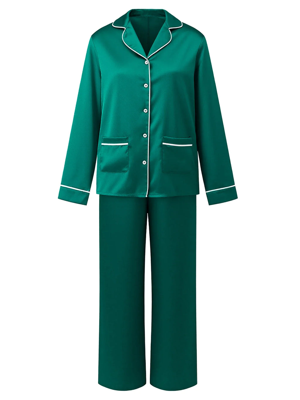Women's Satin Two Pieces Pajama Sets Fashionable Contrast Color Trim Long Sleeve Button Down Tops with Pants Soft Sleepwear