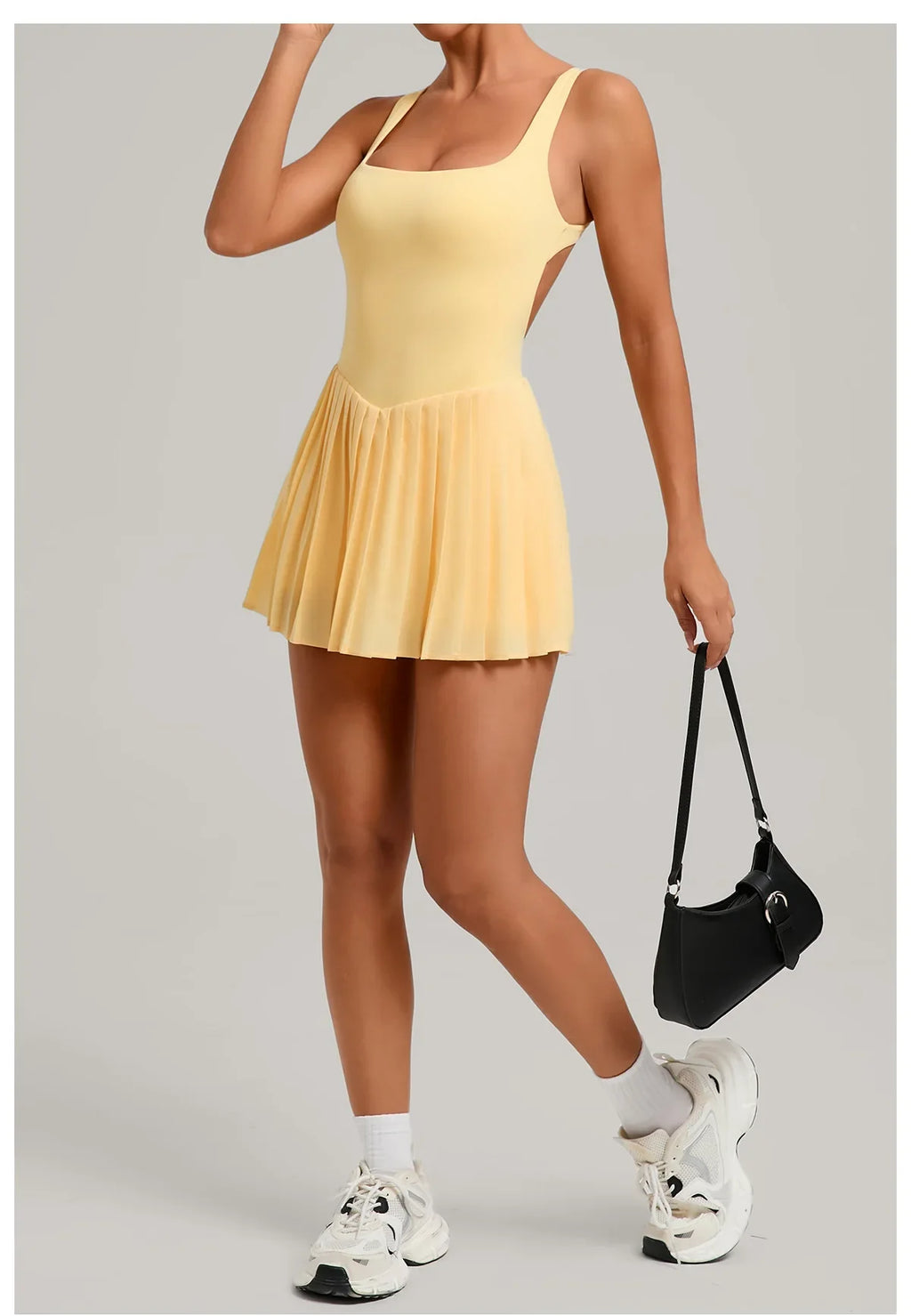New Large Backless Tennis Dresses Women Solid Color Sleeveless Glare Pleated Yoga Skirt with Pocket Shorts Running Fitness Dress