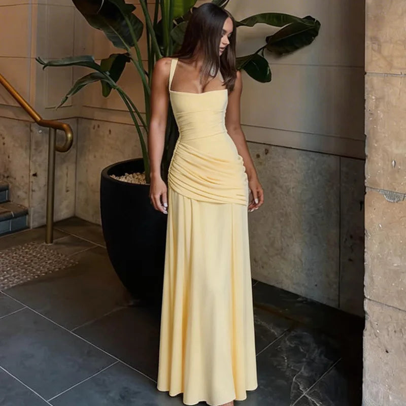 FDYOUI New Fashion Sleeveless Bandage Long Evening Dresses for Women 2026 Spaghetti Strap Lace-up Tunics Folds Party Prom Dress