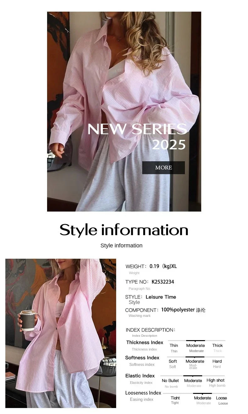 Phantasy Retro Casual Minimalist Style Striped Printed Button Down Long Sleeved Shirt Autumn Versatile Lapel Striped Loose Shirt