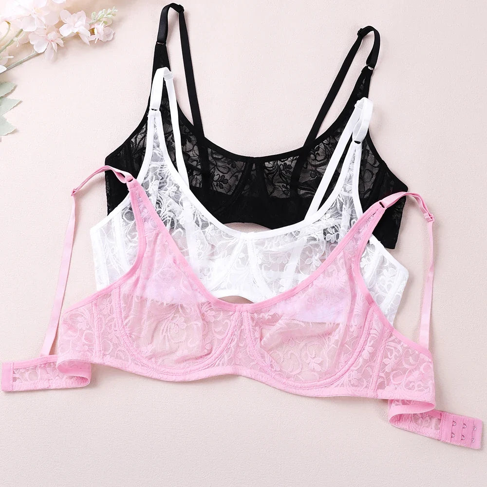 3 Pcs Womens Lace Bra Underwire BH Hollow Out Embroidery Perspective Sexy Underwear Lingerie Tops Plus Size Brassiere