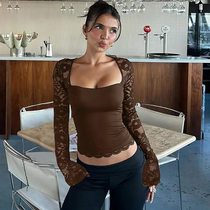 FDYOUI 2026 New Lace Patchwork Long Sleeve T-shirts for Women Square Collar See-through Slim Crop Tops White Black Tee Shirt