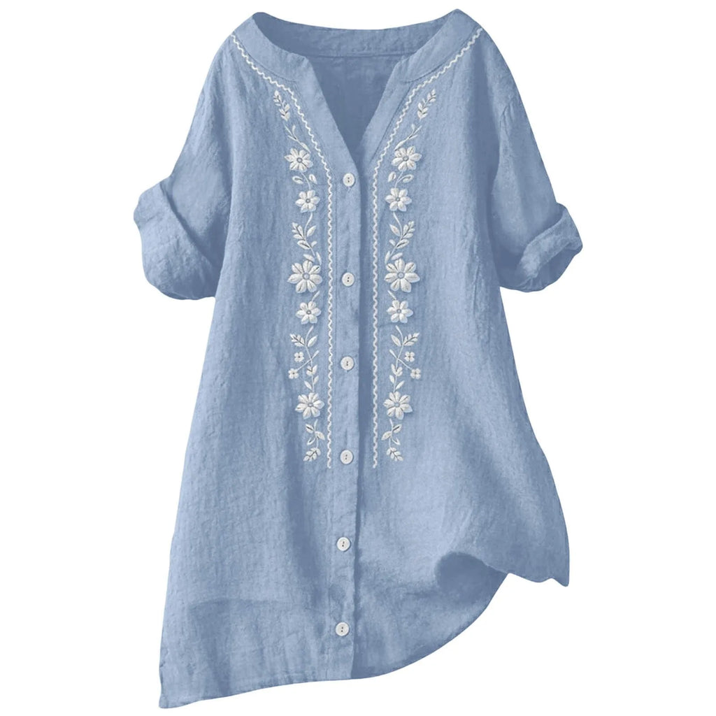 Womens V Neck Embroidered Linen Tunic Shirt Roll Up Sleeve Button Down Loose Fit Casual Boho Blouse Vintage Summer Beach Shirts