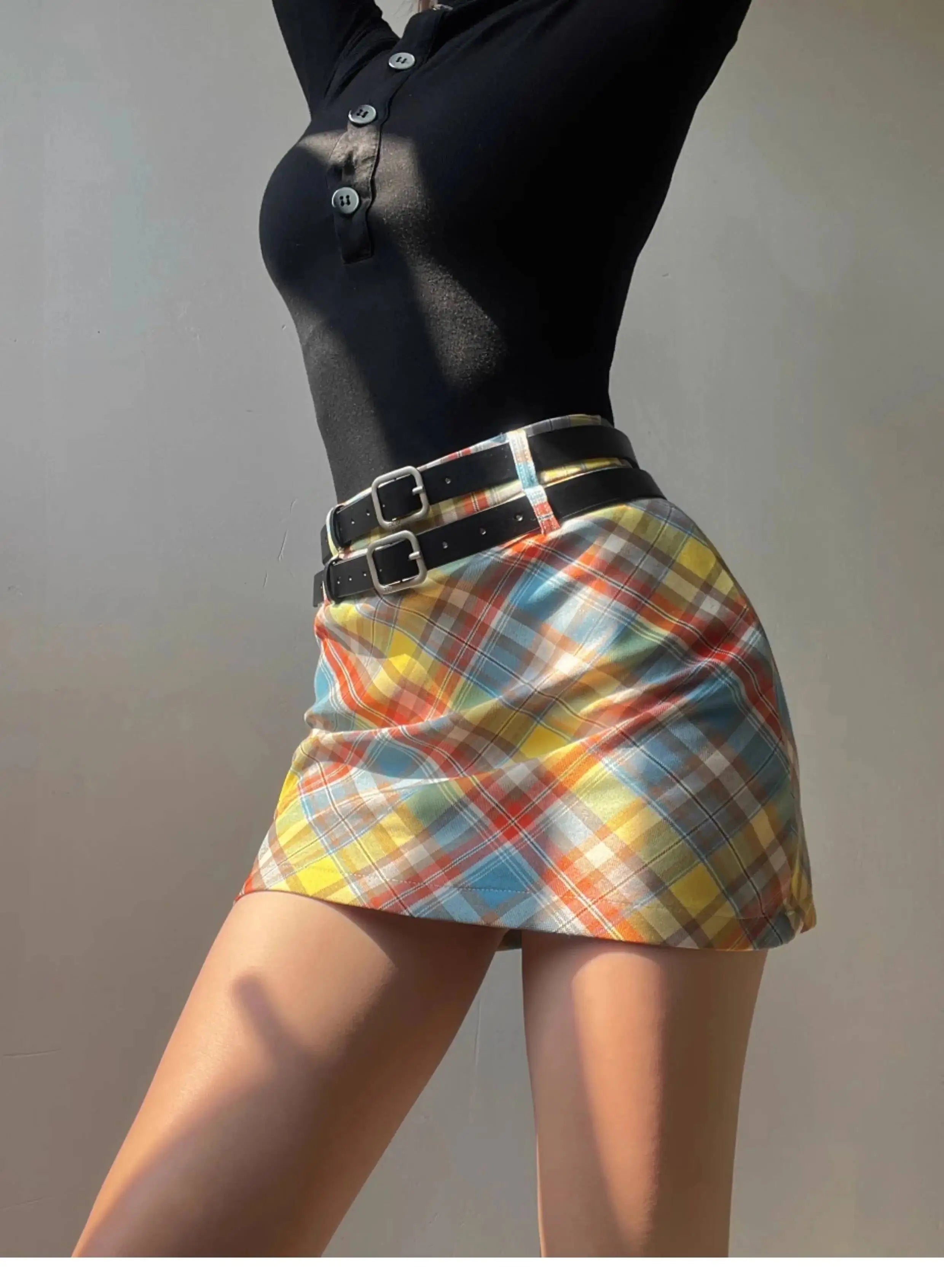 Plaid Double Waistband A-line Short Skirt  Women American Style Street High Waist Casual Collision Color Wrap Hip Skirt OJR7