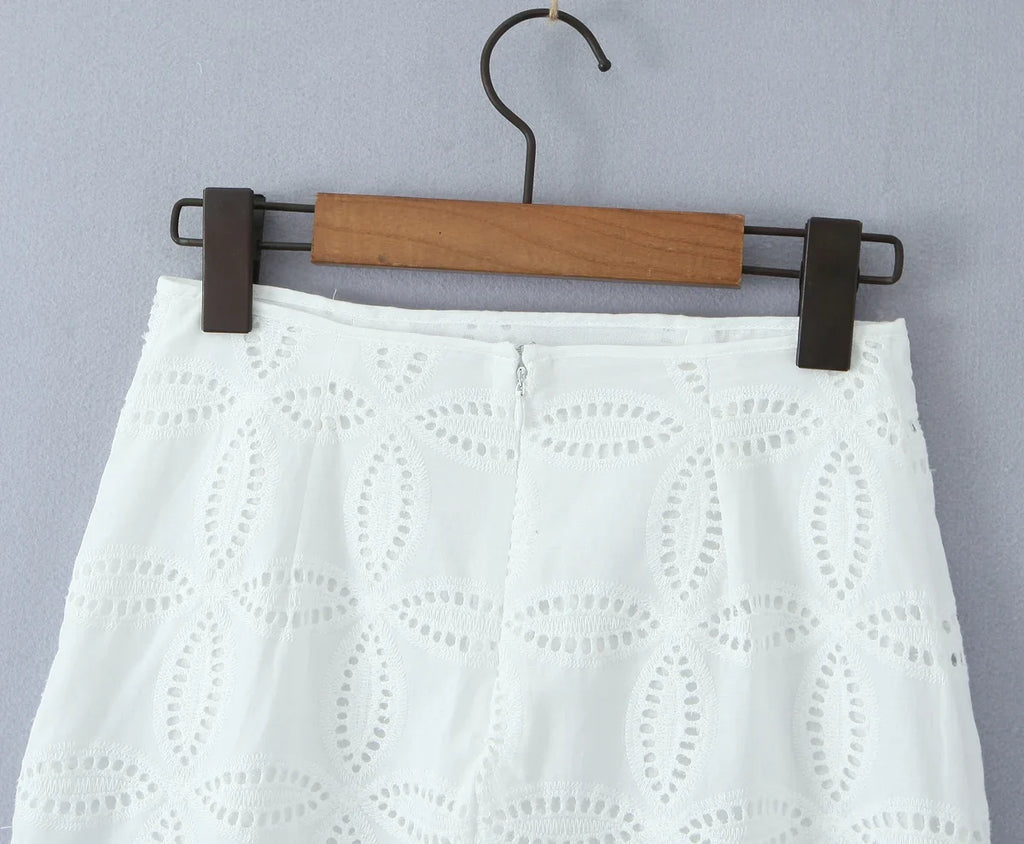 Foridol Summer Casual White Lace Dress Set for Women Hollow Out Embroidery Skirt Outfits 2 Pcs Loose Beach New Suit Skirt Set