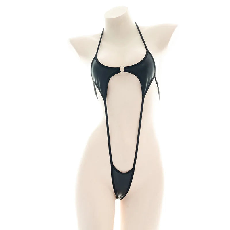 Sexy Jumpsuit patent leather bikini Straps Bandage Bodysuit Beach Girl One-piece Bikini Costume Women Pajamas Lingerie Uniform