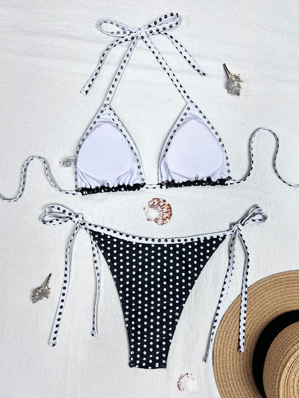 2026 Trendy String Bikini Set Triangle Top Side Tie Bottoms with Metallic Pendant  Solid Color Contrast Trim Women Swimwear