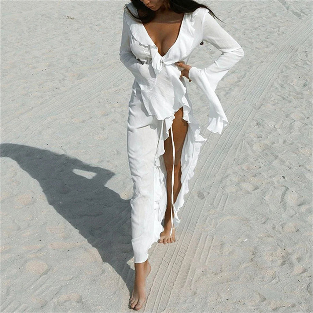 Women's V Neck Ruffled Long Sleeve Dress Chiffon Tunic Beach Cover Up Cover-ups Beach Dress Sunscreen Beachwear Vacation V5976B