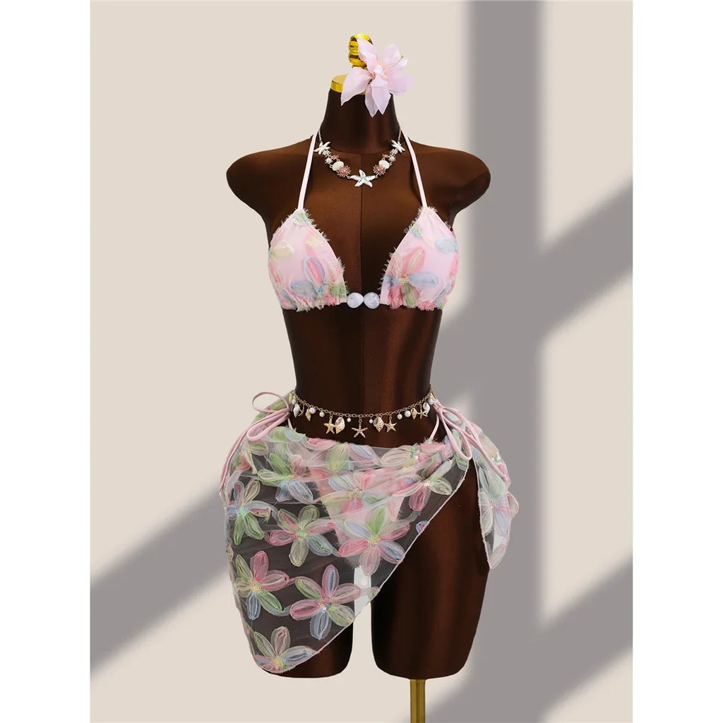 With Sarong Flower Printed Halter Bikini Female Swimsuit Women Swimwear Three-pieces Bikini set Bather Bathing Suit Swim V8321