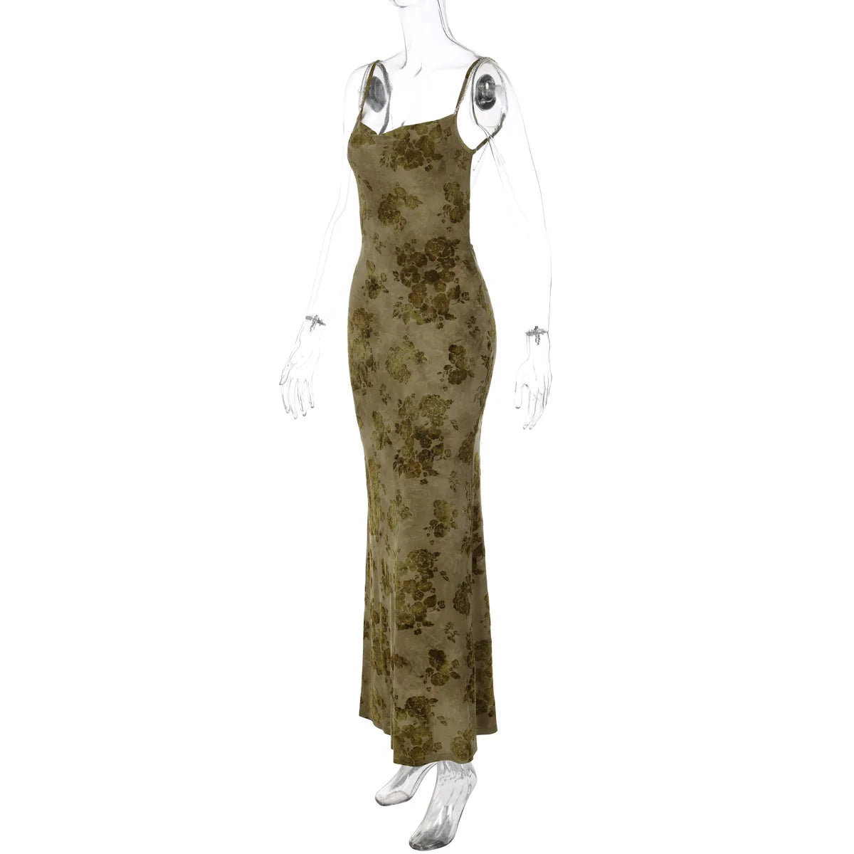 FDYOUI Sexy Elegant Chain Backless Green Floral Evening Dress for Women Sleeveless Bodycon Long Cocktail Dresses Party Club Gown