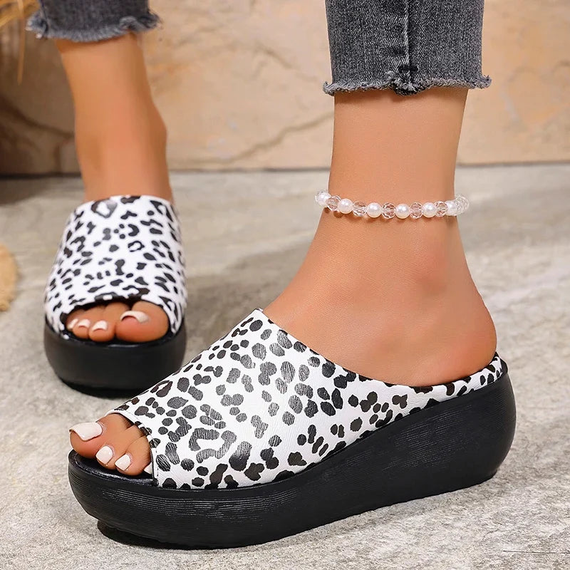 Summer Leopard Print Wedges Slippers Women 2026 Plus Size 43 Peep Toe Platform Sandals Woman Light Thick Sole Sandles Female