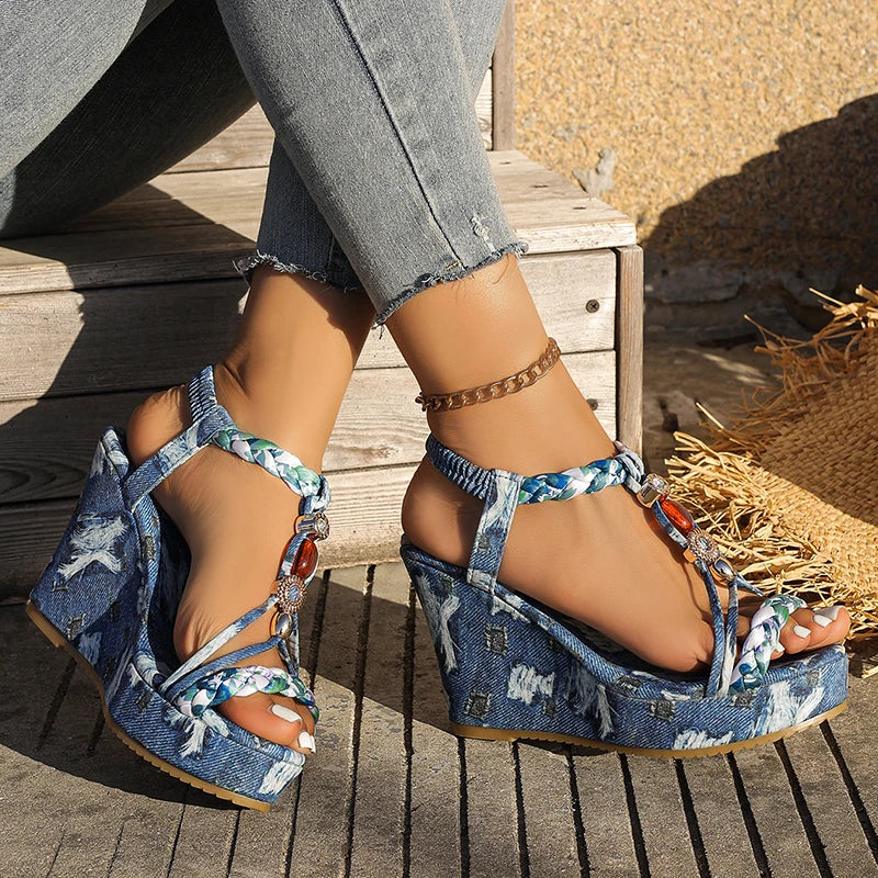 Bohemian Style Printed Wedges Sandals Women 2026 Summer Slip On Chunky Heels Sandles Woman High Heel Platform Sandalias Mujer