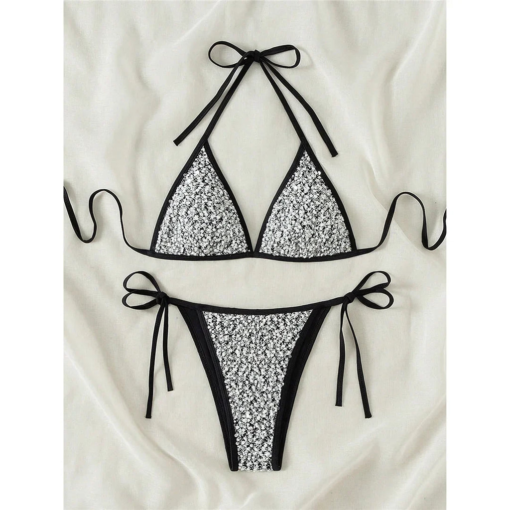 S - XL Shiny Sparkling Halter Bikini Women Swimwear Female Swimsuit Two-Pieces Bikini Set Strappy Bather Bathing Suit Swim V7523