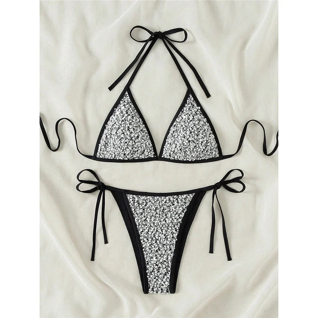 S - XL Shiny Sparkling Halter Bikini Women Swimwear Female Swimsuit Two-Pieces Bikini Set Strappy Bather Bathing Suit Swim V7523