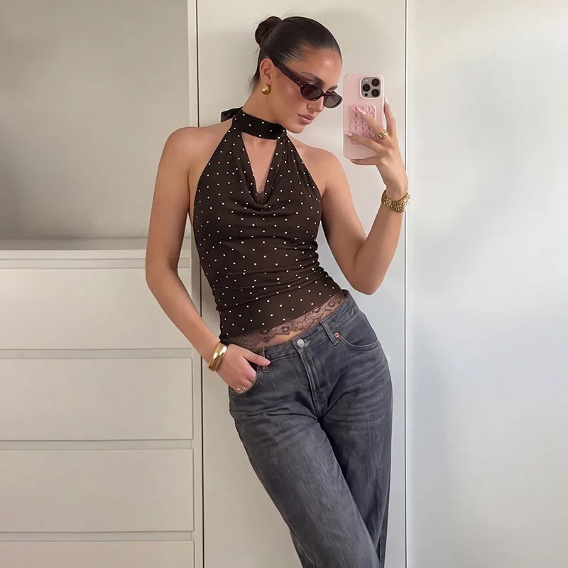 FDYOUI Women's Chic Polka Dot Tanks Top 2026 Summer Off Shoulder Lace Patchwork Corset Bandage Backless Crop Tops Streetwear