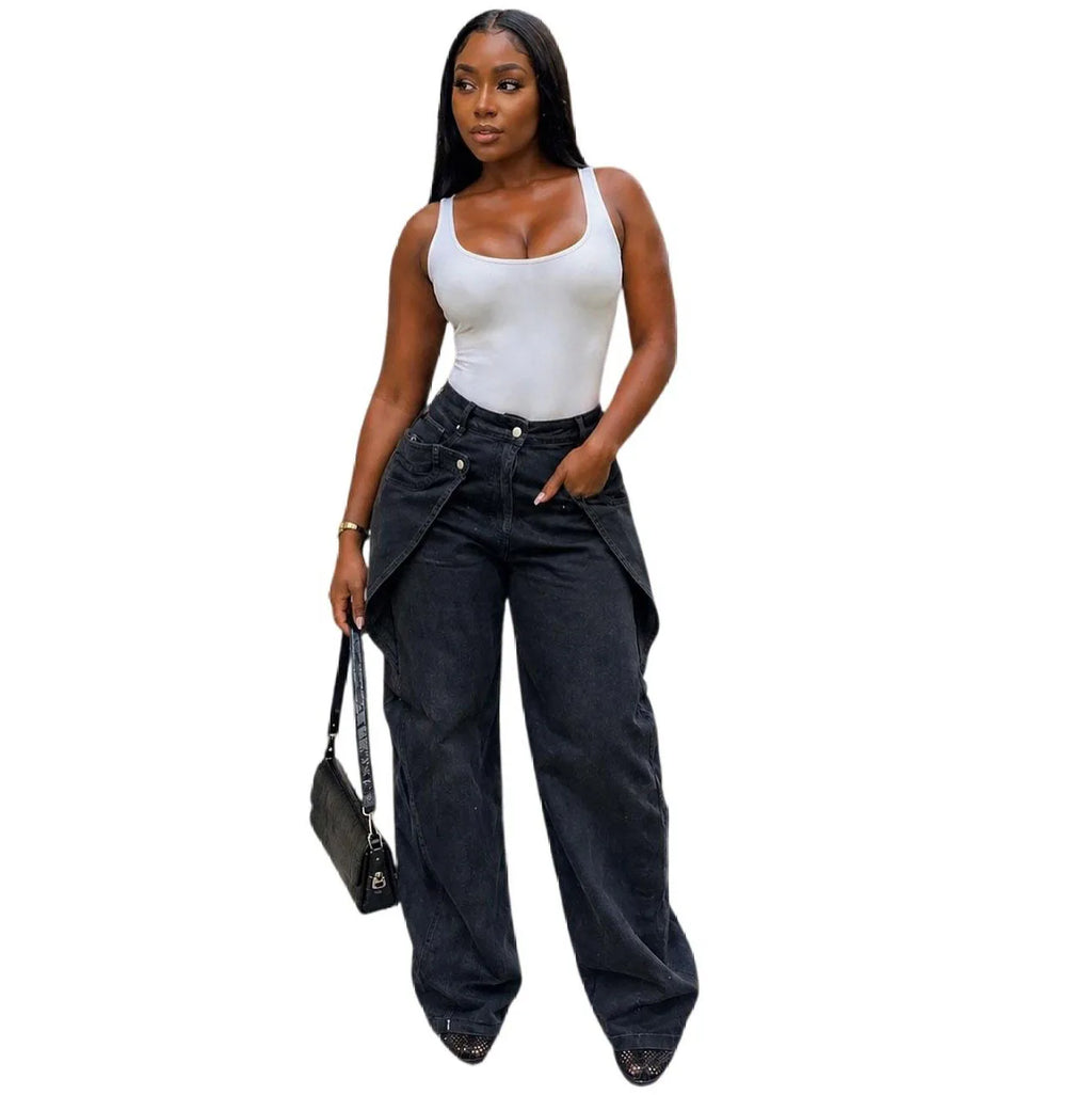 European and American style casual jeans street fashion staggered button design straight leg
