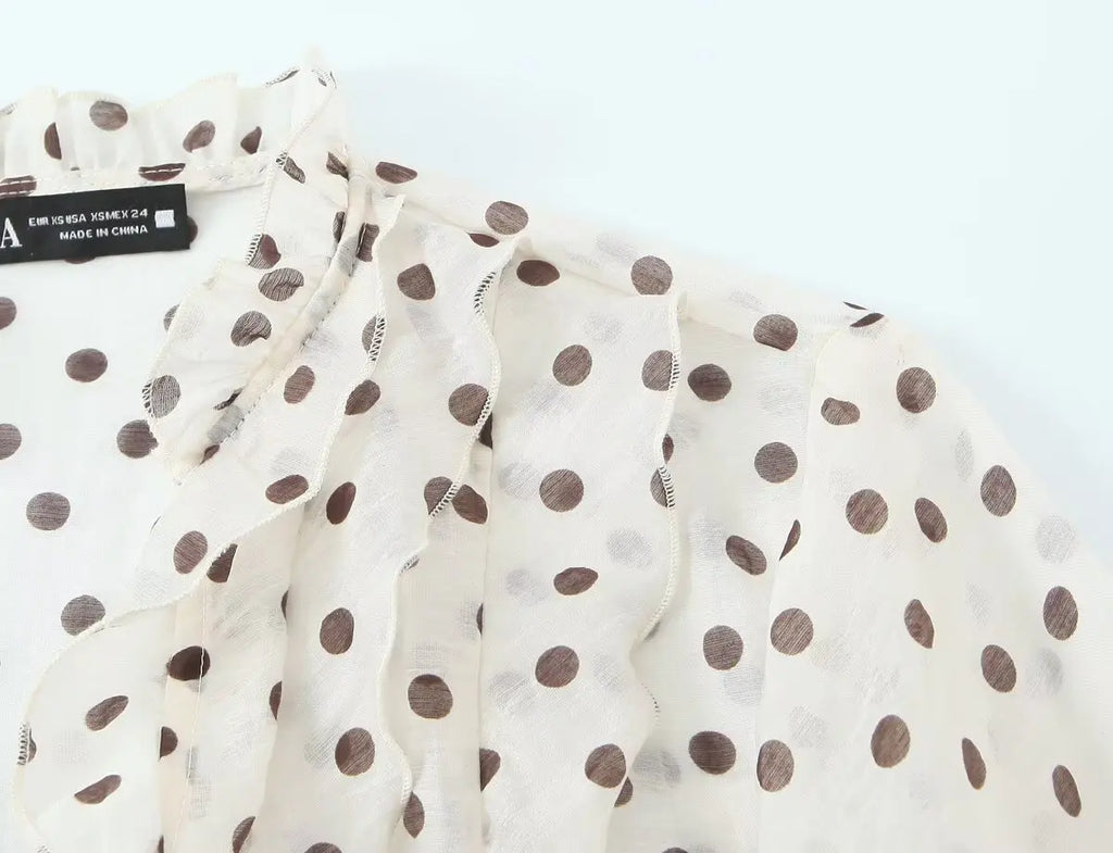 2026 Spring New Women Elegant Loose V Neck Wave Trim Polka Dot Blouse Thin Long Sleeve Top