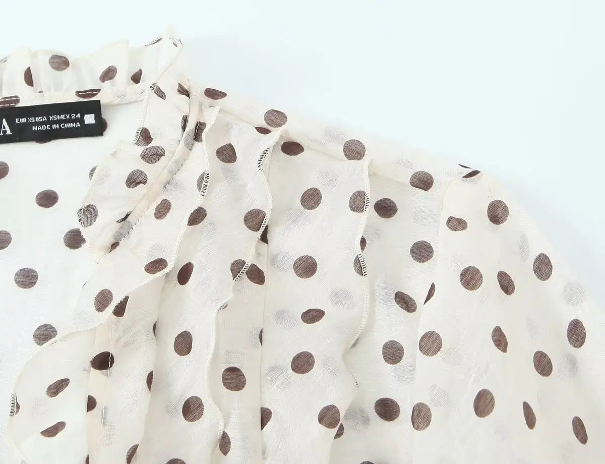 2026 Spring New Women Elegant Loose V Neck Wave Trim Polka Dot Blouse Thin Long Sleeve Top