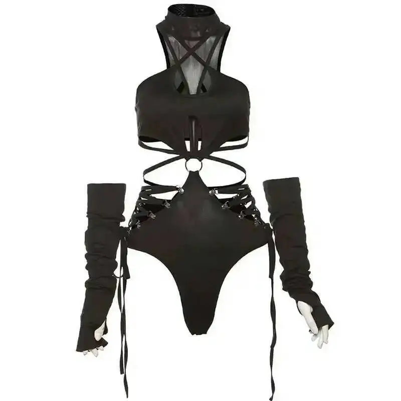 Hollow Out Sexy Cyber Y2k Bodysuits Gothic Mesh Patchwork Tops Female Glove Sleeve Mock Neck Bodysuit Fashion P4ZQ