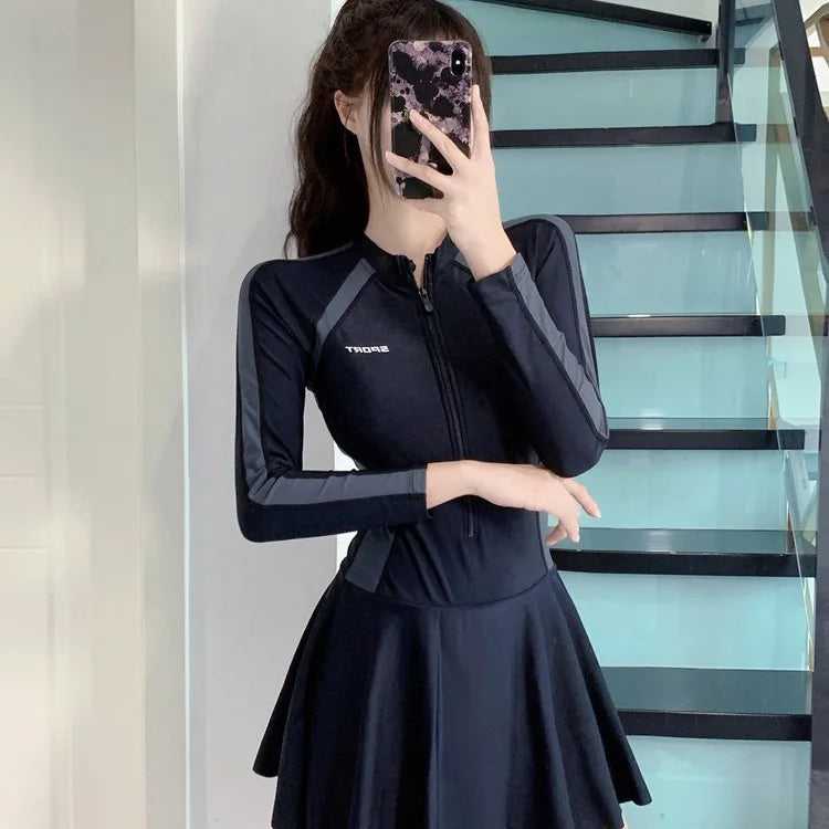 New plus size women's dress one-piece fresh women's swimsuit conservative slim fit long sleeved hot spring swimsuit
