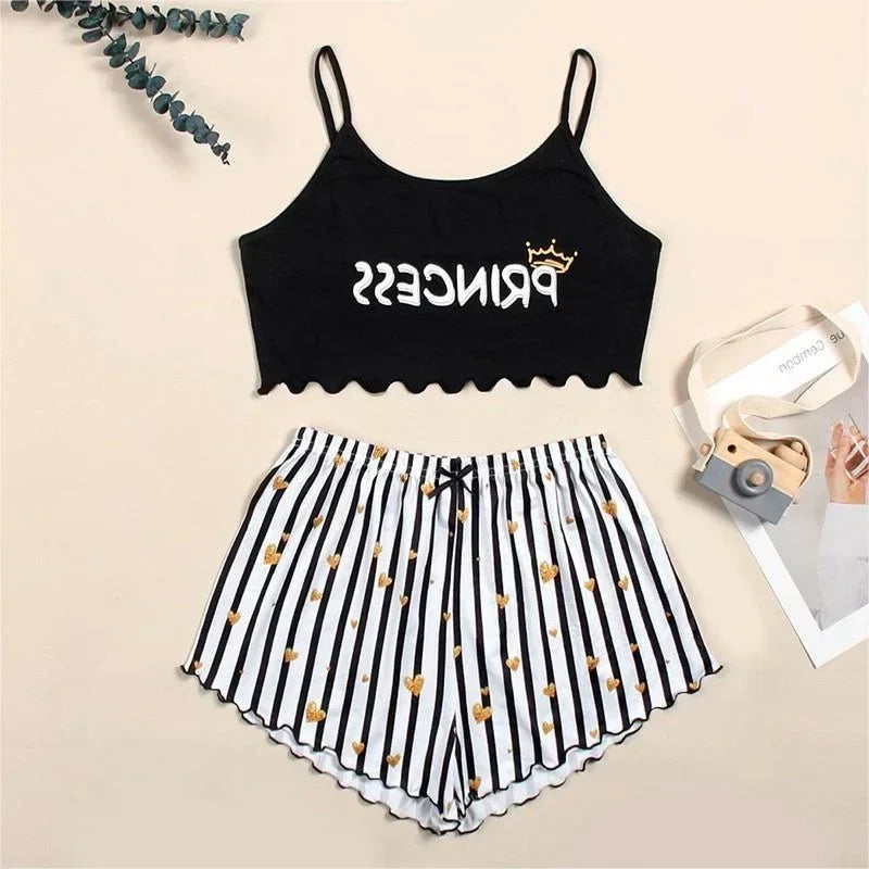 Summer Casual Pajamas Set for Women Sleepwear Sexy Lingerie Sleeveless Striped Tank Top Vest + Shorts Set Pijamas Homewear