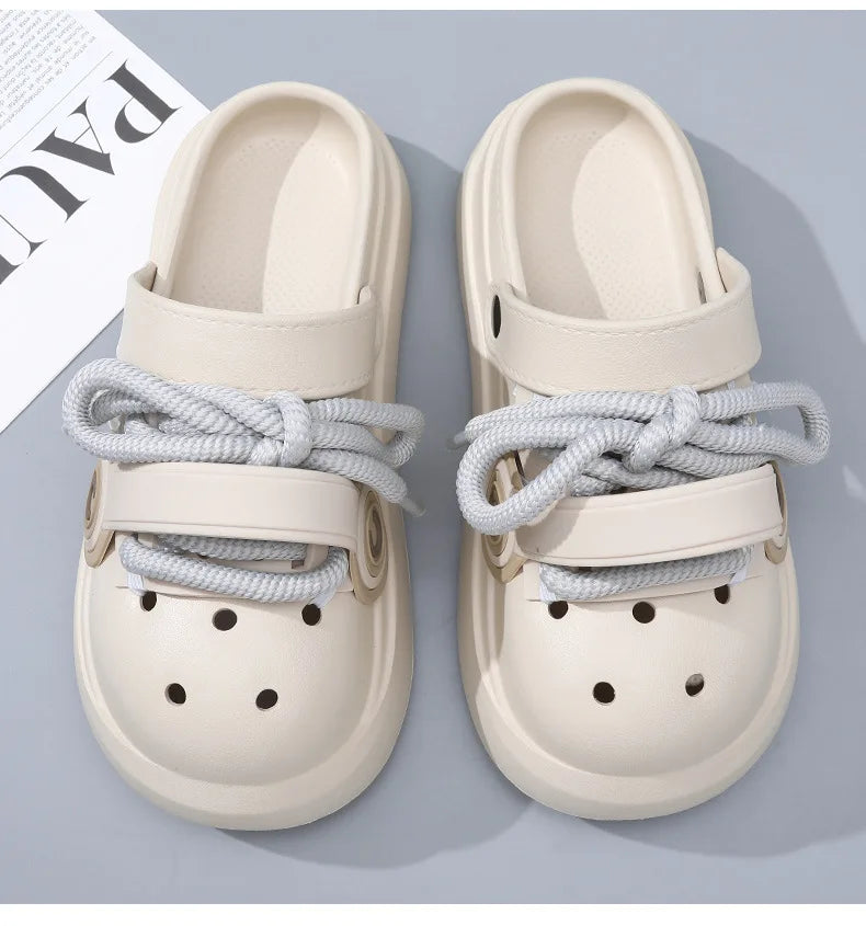 Women Summer Sandals Lace-up Style 2 Way to Wear Couples Fashion Platform Clogs Soft EVA Thick Sole Men Beach Street Slippers