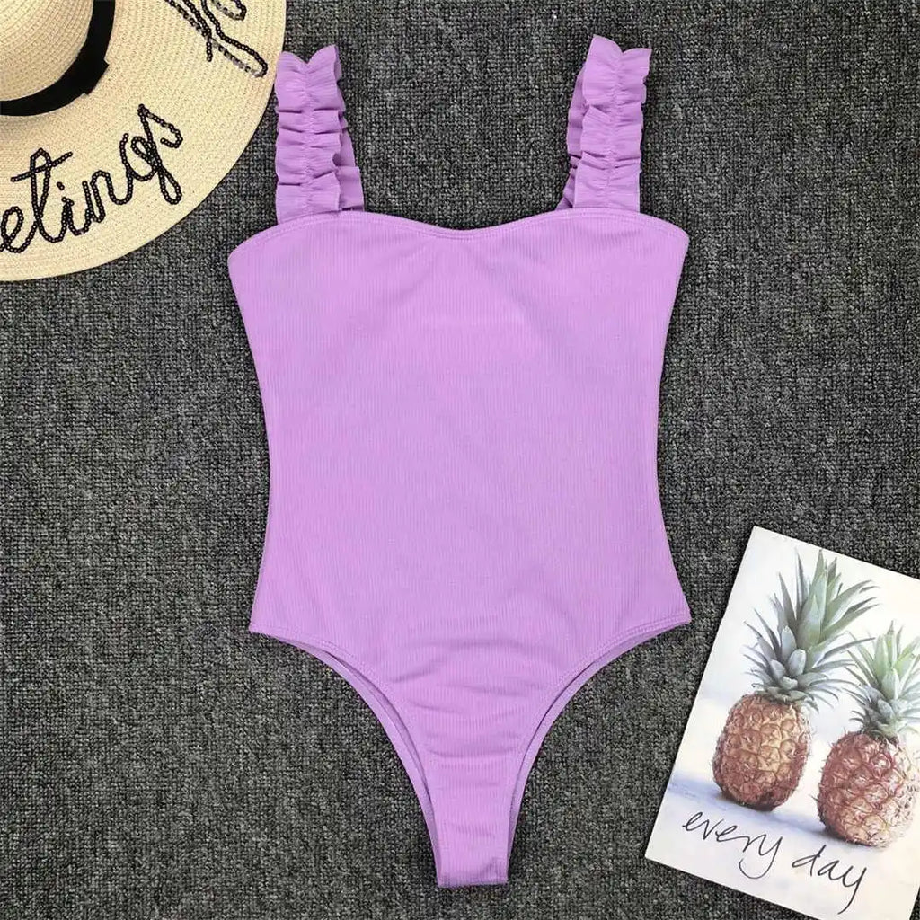 6 Colors Frill Trim Ruffled Sexy Women Swimwear One Piece Swimsuit Female Ribbed Bather Bathing Suit Swim Wear Monokini V1668