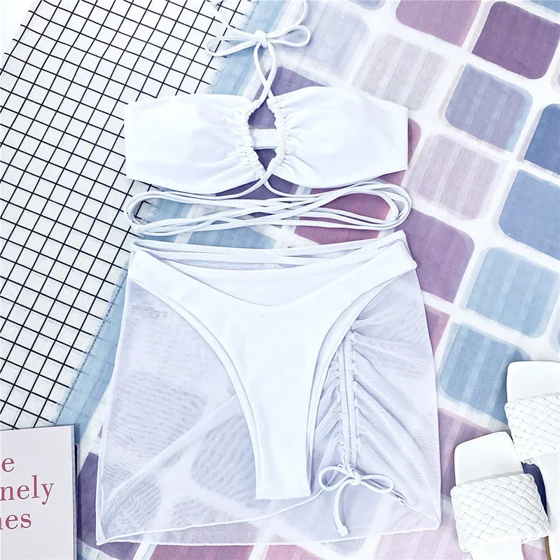 Wrap Around with Mesh Sarong Skirt Bikini Female Swimsuit Women Swimwear Three-pieces Bikini Set Beachwear Bathing Suit Swim