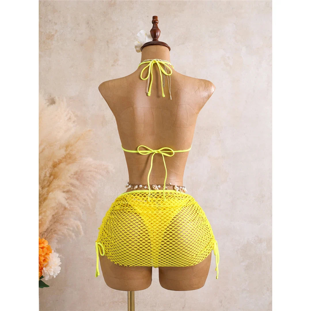 With Skirt 3D Flower Halter Bikini Women Swimwear Female Swimsuit Three-Pieces Bikini Set Padded Bather Bathing Suit Swim  V8346