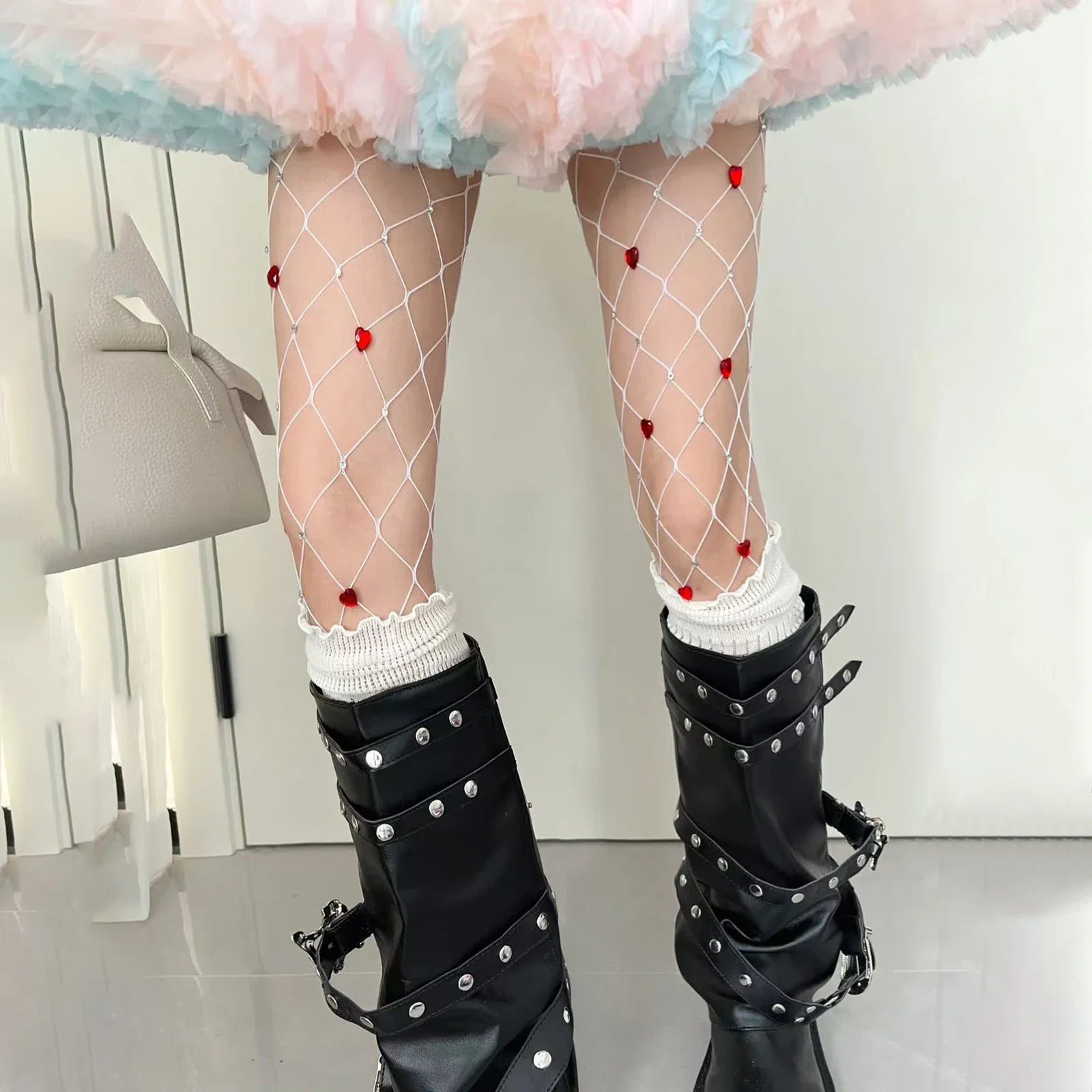 Women Heart Rhinestone Fishnet Tights Sweet Sheer Pantyhose Elastic Slim Fit Stocking Tights