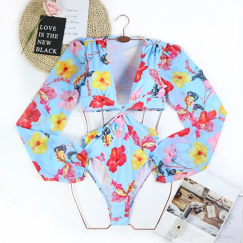 One Piece Swimsuit Sexy Long Sleeve Tropical Print Swimwear Women Bandage Monokini Hollow Out Bathing Suit String Beachwear 2023