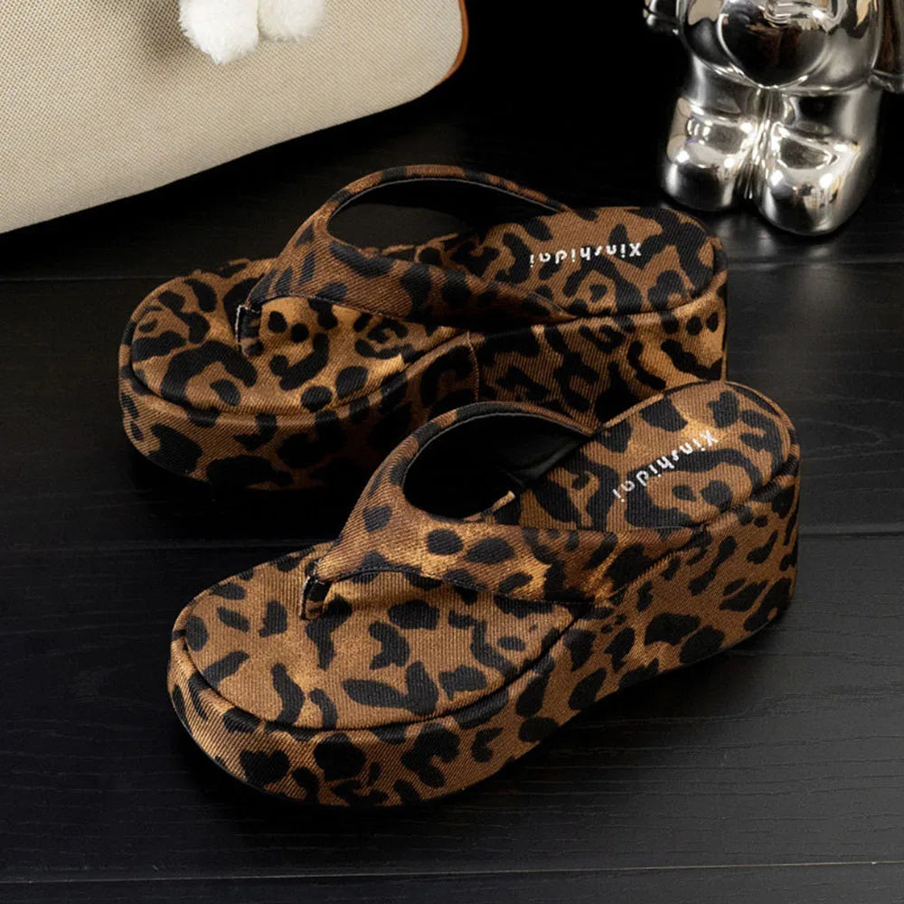 Vintage Y2K Leopard Flip&Flops Sandal Summer Chunky Platform Sandals Women Slipper Wedges Slides 8cm High Heels Shoes Mules