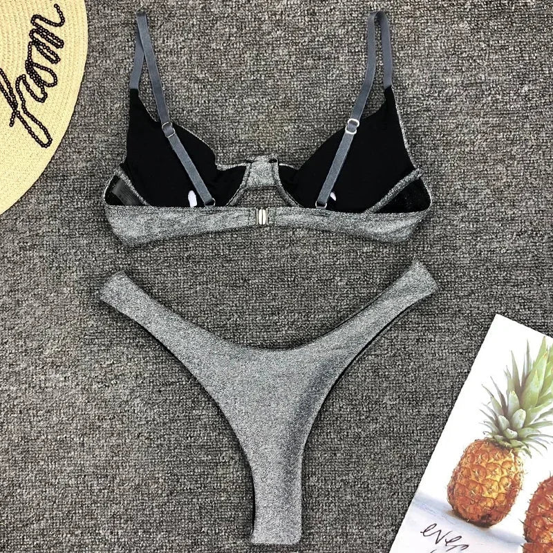 Glitter Sparkling Underwired V-Bar Bikini Women Swimsuit Female Swimwear Two-pieces Bikini Set Micro Thong Bathing Suit Swim