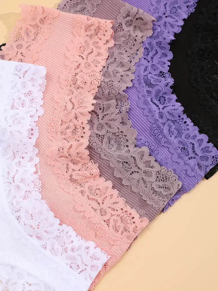 5Pcs Women Cotton Brazilian Pants Sexy Lace Brazilian Briefs Low Waist Floral Solid Color G-string Breathable Soft Lingerie