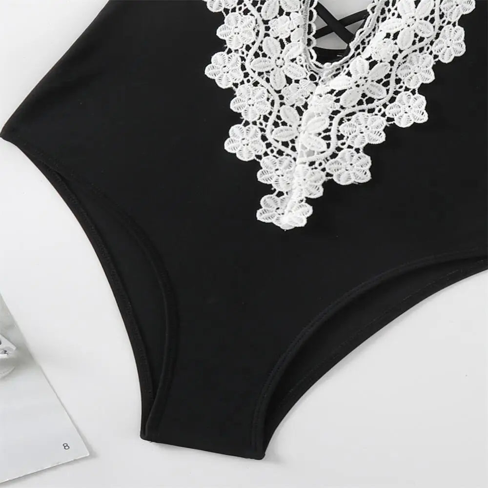 Sexy Push Up Tummy Control Swimwear Women Black Plunge Neck Padded One Piece Swimsuit Lace Beach Bathing Suit Bodysuit Monokini