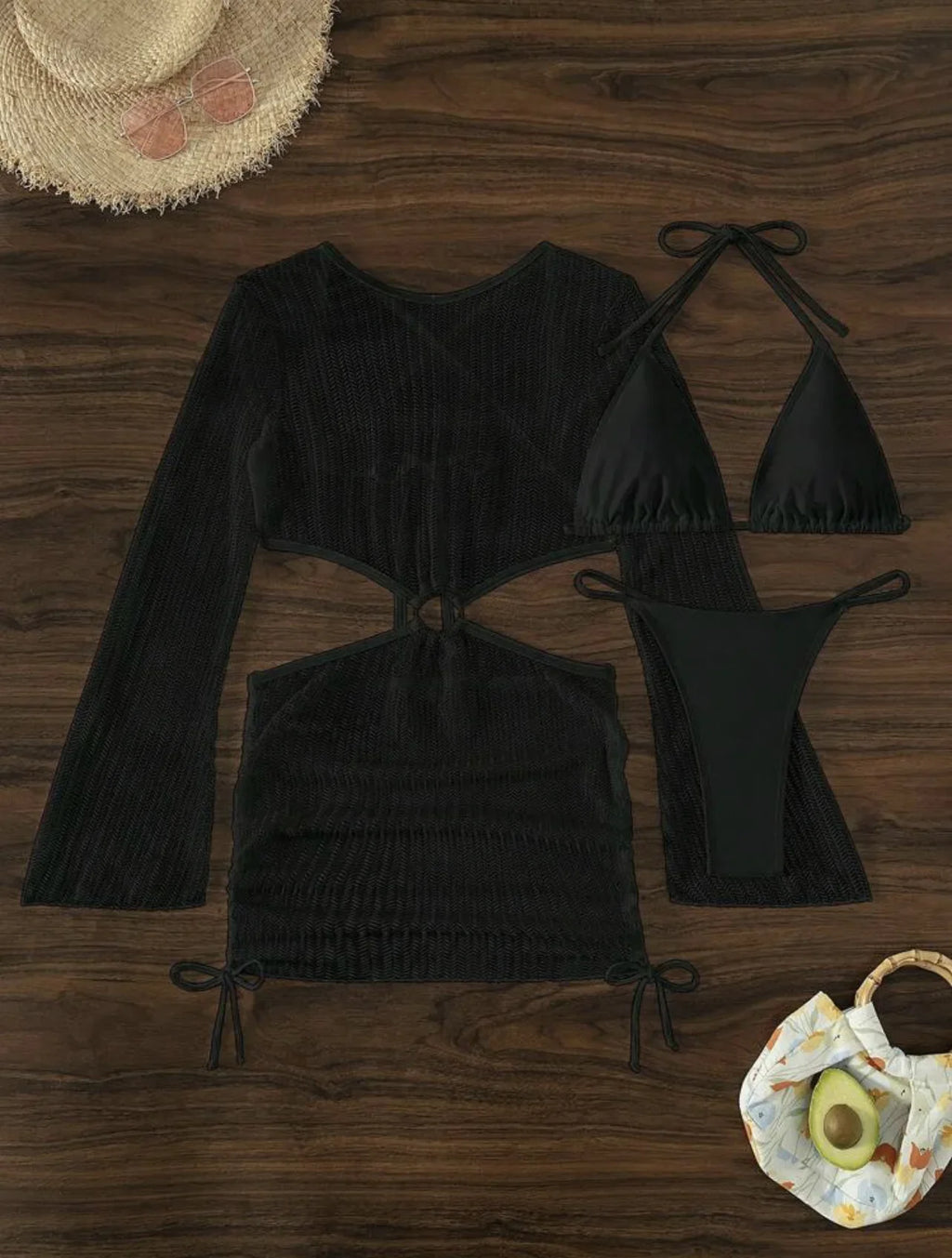 Women micro mini halter bikinis sets 3pcs with knitted long sleeve hollow out mini dress swimsuit bathing suit beach outfits