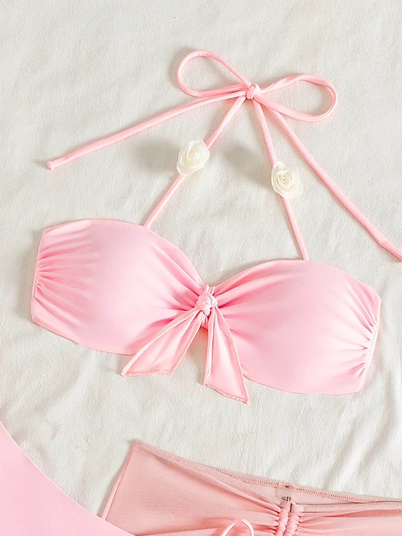 3D flower front tie pink bikinis sets 3pcs with drawstring mesh mini skirt swimsuits bathing suit beach outfits biquini tankini