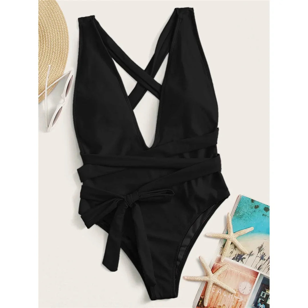 New Sexy Long Wrap Around Deep V One Piece Swimsuit Women Swimwear Female High Cut Monokini Bather Bathing Suit Swim Lady V1639B