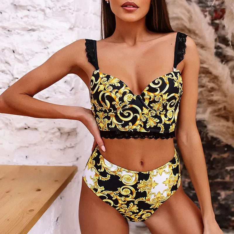Printed Bra Cup Bandeau Bikinis Female Swimsuit High Waist Bikini Women Swimwear Two Pieces Bikini Set Push Up Bathing Suit Swim